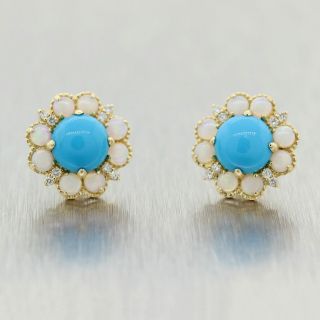 Vintage Estate 14k Yellow Gold 6.  60ctw Turquoise Opal & Diamond Earrings