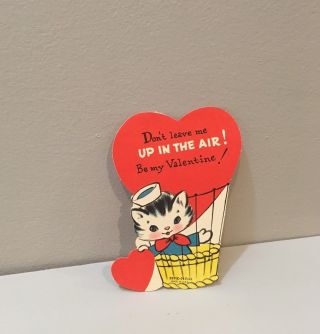 Vtg Valentine Card Cute Cat Kitten Up In Air Hot Air Balloon 50s 60s
