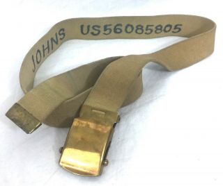 Korean War Era Military 1950s Web Khaki Belt Named Brass Buckle Size 34 B31