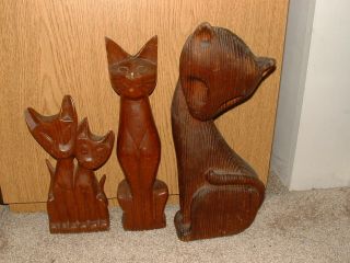 3 Vintage Mid Century Cat Carved Wood Wooden Figurines Statues