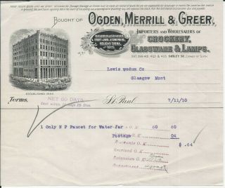 1910 St Paul Mn Odgen,  Merrill & Greer Crockery/glassware Billhead Co Graphic