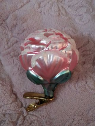 Vintage German Frosted Pink Flower Clip On Blown Glass Christmas Ornament 3 "