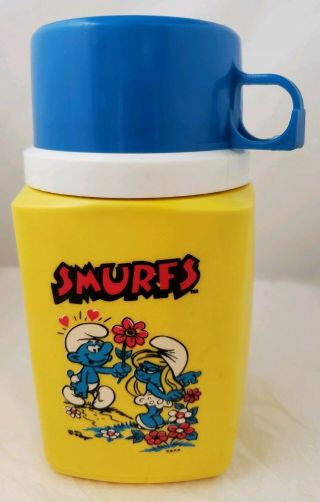 Vintage 1983 Smurfs Smurfette Plastic Lunch Box Thermos - Complete