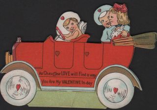 Vtg 1930s As Chauffeur Love Will Find A Way My Valentine Card Cupid In Auto Car