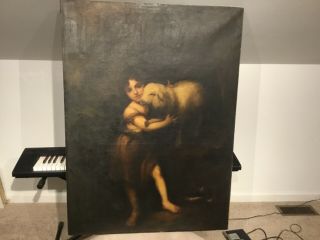 19th Century French School Old Master Boy With Sheep On Canvas Large Painting
