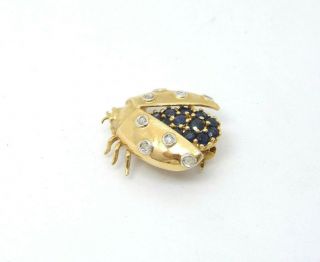 Vintage 14k Gold Lady Bug Blue Sapphire & Diamond Pin Brooch,  3.  6g