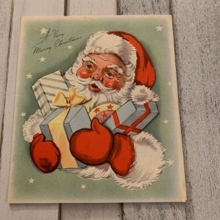 Vintage Greeting Card Christmas Santa Claus Gifts Stars