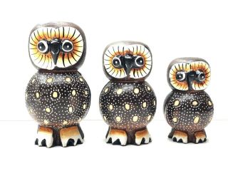 Owl Lechuza Búho Family Set Of 3 Small Carving Statue Solid Wood Carved Painted
