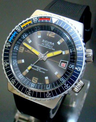 Vtg Sicura Breitling 400 Diver Military Automatic Mens Watch Rotate Bezel