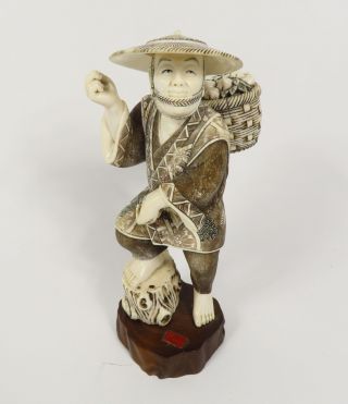 Vintage Japanese Okimono Carved Bovine Bone Fisherman 8.  5 " Figurine On Wood Base