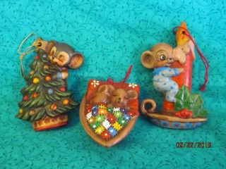 Set Of 3 Handpainted Ceramic Mouse Christmas Ornaments Tree/candle/walnut Shell