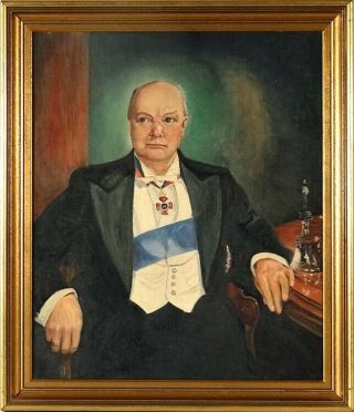 Ca.  1953 Knighted Sir Winston Churchill Portrait Painting Oil/canvas/frame