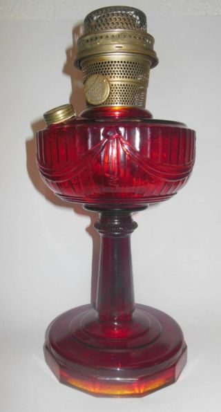 Vintage Ruby Crystal Tall Lincoln Drape Aladdin Oil Lamp 1940s W/ Burner Euc