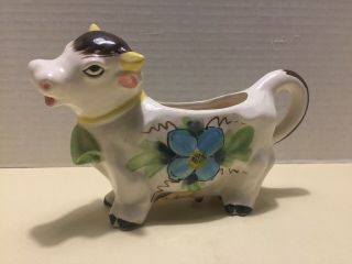 Vintage Ceramic Cow Creamer Cream Milk Pitcher Flowers Bell 7 1/2 " L X 5 1/2 " T