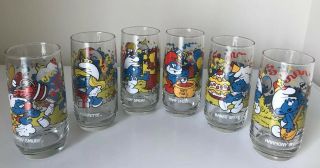 1983 Vintage Smurf Glasses 6 Peyo Hardees Promo Papa,  Smurfette,  Handy
