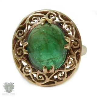 Vintage Solid 18k Gold Natural Green Cabochon Emerald Ring