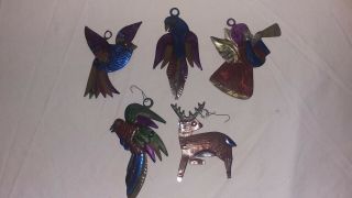 Vintage Set Tin Type Metal Christmas Ornaments Iridescent Bird Deer Angel Parrot