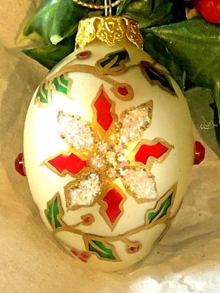 Sweet Hand Painted Rhinestones Holly Poinsettia Egg Shaped Christmas Ornament