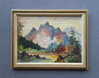 Small Vintage Mid - Century Impressionist Mountain Landscape Oil Painting,  Signed