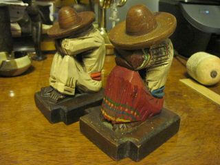 Vintage Carved Wood Mexican Folk Art Sombrero Bookends Man & Woman Siesta