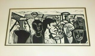 Vtg 1968 Mid Century Peter Hoffer Linocut Black White Modernist Art People City