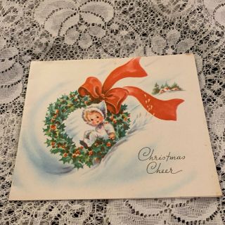 Vintage Greeting Card Christmas Cute Girl Wreath