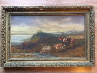 Antique 19th C American School Oil Painting Landscape Cattle Cows Lake Maryland