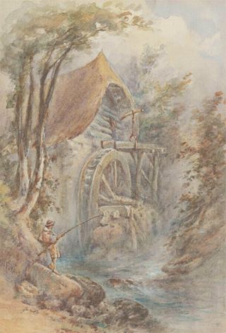 J.  W.  Forbes - 19th Century Watercolour,  Angler And Water Mill On A River