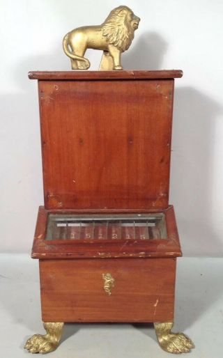 Vintage Primitive Wood Coin Op Penny Drop Machine Cast Iron Lion Bank Shute