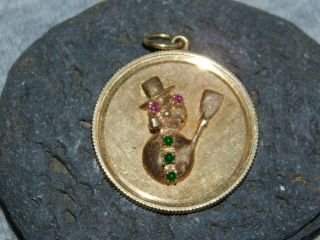 Vintage 14k Gold Christmas Snowman Pendant W/ Green Emerald Buttons & Ruby Eyes