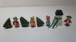Vintage Miniature Wooden Figurines German People 1 " Wooden With Trees Snowman