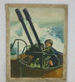 Vtg 1943 Oil Painting Wwii Scene Soldier Machine Gun Signed Brosey
