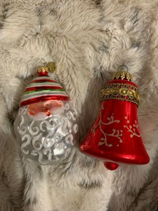 Vintage Dept 56 Santa Face And Bell - West Germany Glass Christmas Ornament 3”