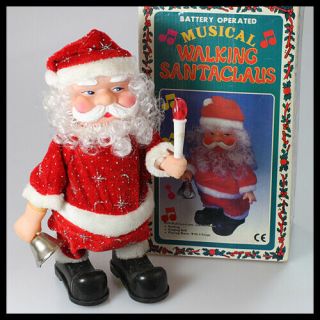 Vintage Battery Operated Musical Walking Santaclaus Toy With Bell Candle,  Box
