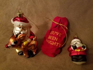 Kurt Adler Santa And Rudolph Christmas Glass Ornament & Sm Santa & Bag Of Coal