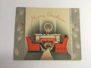 Vintage Christmas Card,  Man Smoking,  Woman Reading,  Chairs,  Fireplace