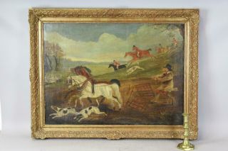 Fantastic Early 19th Century Folk Art Painting Of A Fox Hunt And A Farmer