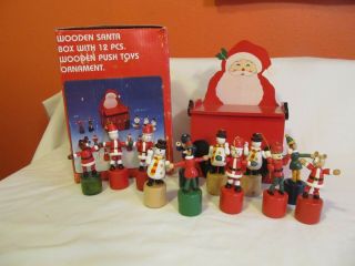 Vintage Wooden Santa Box With 12 Wooden Push Toy Ornaments