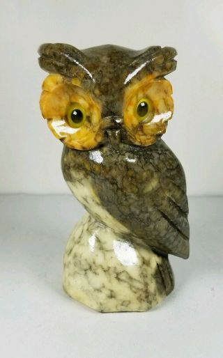 Made In Italy Alabaster Hand Carved 5 " Owl Figurine Glass Eyes