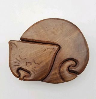 Vintage Carved Cat Secret Puzzle Trinket Box Wood Hidden Compartment Sleeping
