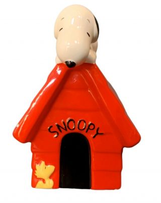 Vintage Treasure Craft Peanuts Snoopy Ceramic Coin Bank Dog House Woodstock 6”