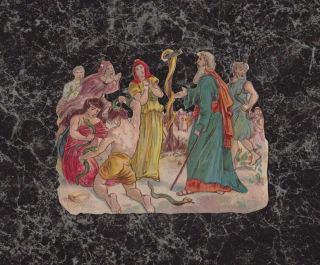 Victorian Die Cut Scrap Biblical Scene Of Moses With Snake On Staff 3.  75 X 3 "