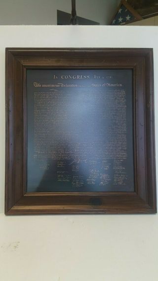 Vintage Usa Declaration Of Independence Copper - Wood Frame