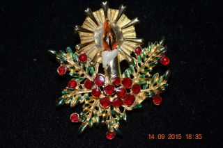 Vintage Christmas Brooch (candle With Holly)