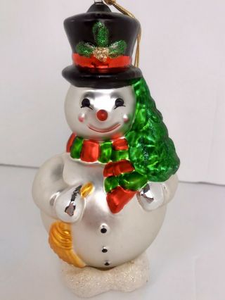 Glass 7” Snowman Ornament Figurine Christmas Tree And Broom White Red Green Gold