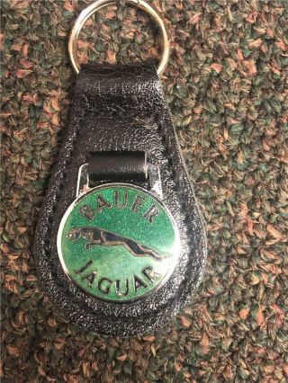 Vintage Old Stock Leather And Metal Bauer Jaguar Enameled Key Ring Keychain