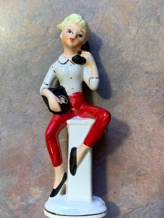 Vintage Blonde Teenage Girl On Black Rotary Telephone Phone Figurine Cmi - Japan