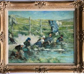 Awesomvintage French Impressionist Oil Painting - “women Washing Clothes In River