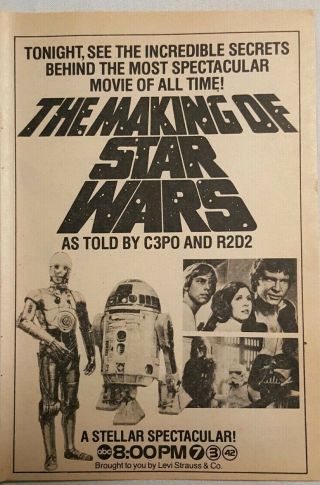 Tv Guide Ad =) 1977 =) The Making Of Star Wars =) C - 3po R2 D2 =) Carrie Fisher