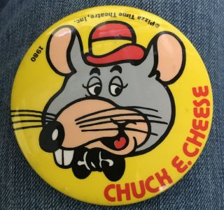 Vintage Chuck E Cheese Pinback Button 1980 Showbiz Pizza Large